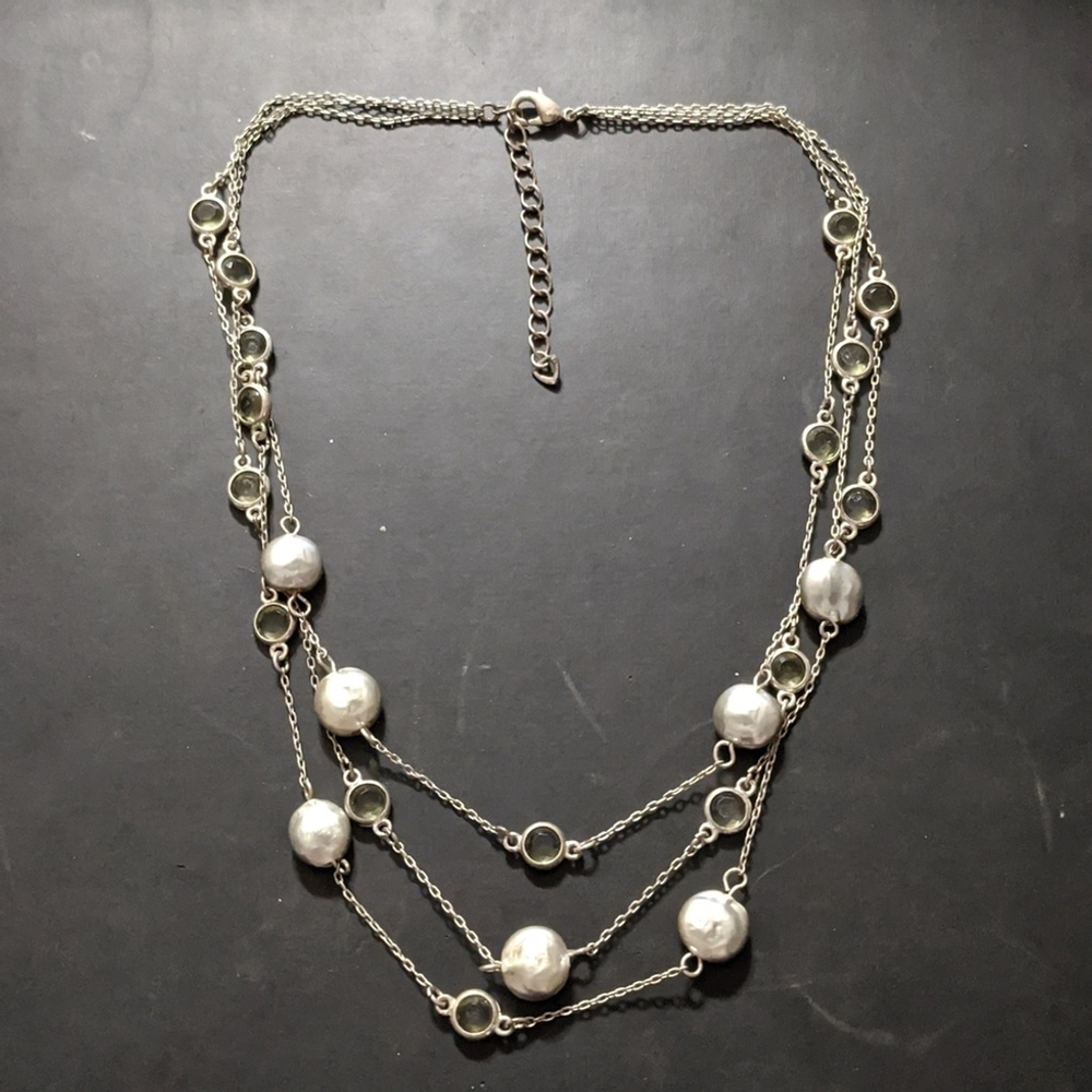 Silver Tone Grey Coin Genuine Pearl Rhinestone Multi Strand Layered Necklace